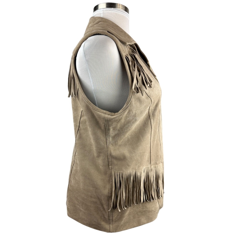 Chico's Faux Suede Fringe Vest Moto Zip Tan Size 2 Large 12 Fall Western Country - Picture 7 of 14